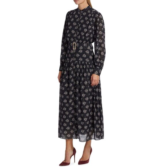 Elie‎ Tahari Rue Black Floral Belted Long Sleeve Maxi Dress Size 8 Boho Chic - Picture 1 of 16
